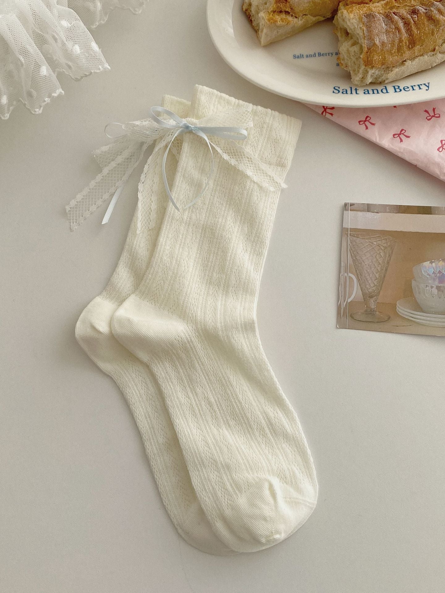 Summer Thin Boneless Ballet Style Ins Japanese Girl Lace Bow Ribbon Socks Women's Mid Tube Stockings