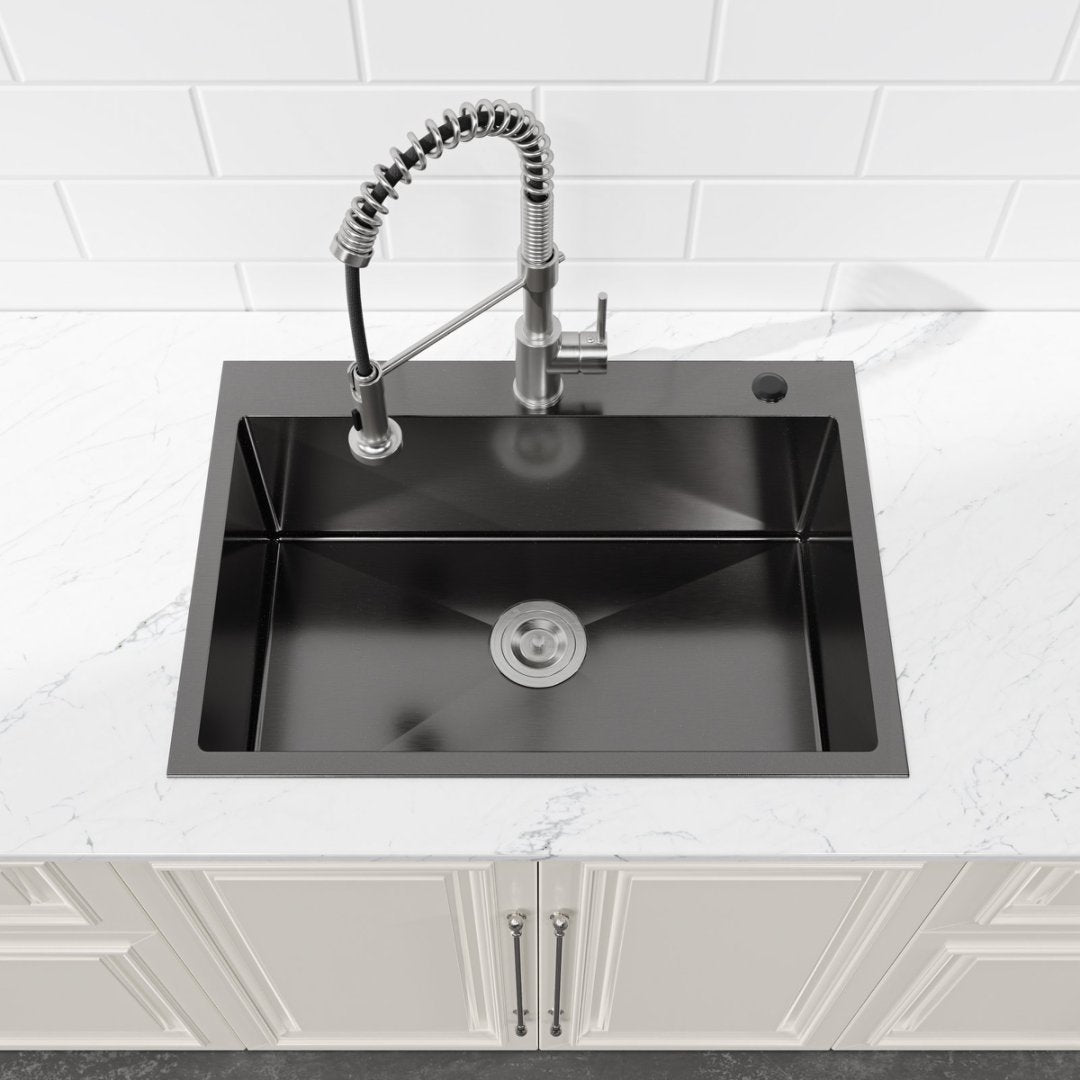 Stainless Steel Kitchen Sink, Single Bowl, Overmount Handmade Sink In Black, With US Standard Drain And Hook, LS-SSBL01