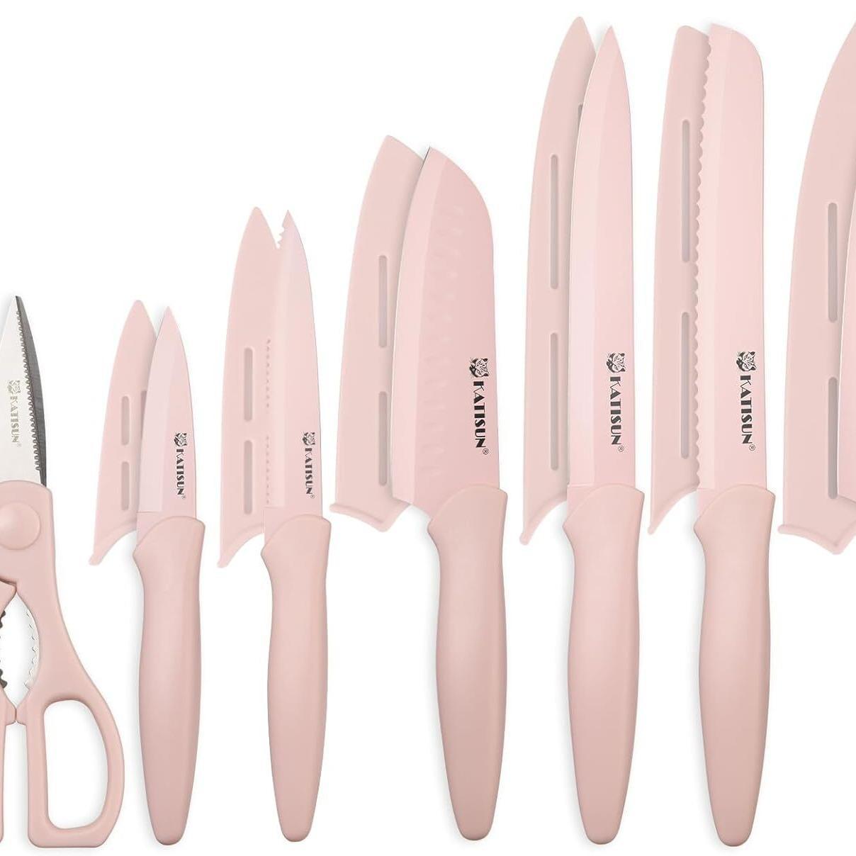 13-piece Pink Non-stick Coated Kitchen Knife Set In A Box Rust-resistant And Dishwasher-safe Includes 6 Knives With Knife Sheath And Kitchen Scissors
