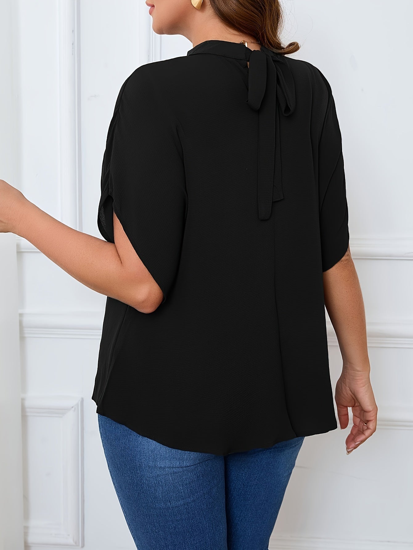 Women's Plus Size Batwing Blouse - Fashionable Casual With Tie & Cutout Details, Comfortably Loose Solid Color Top