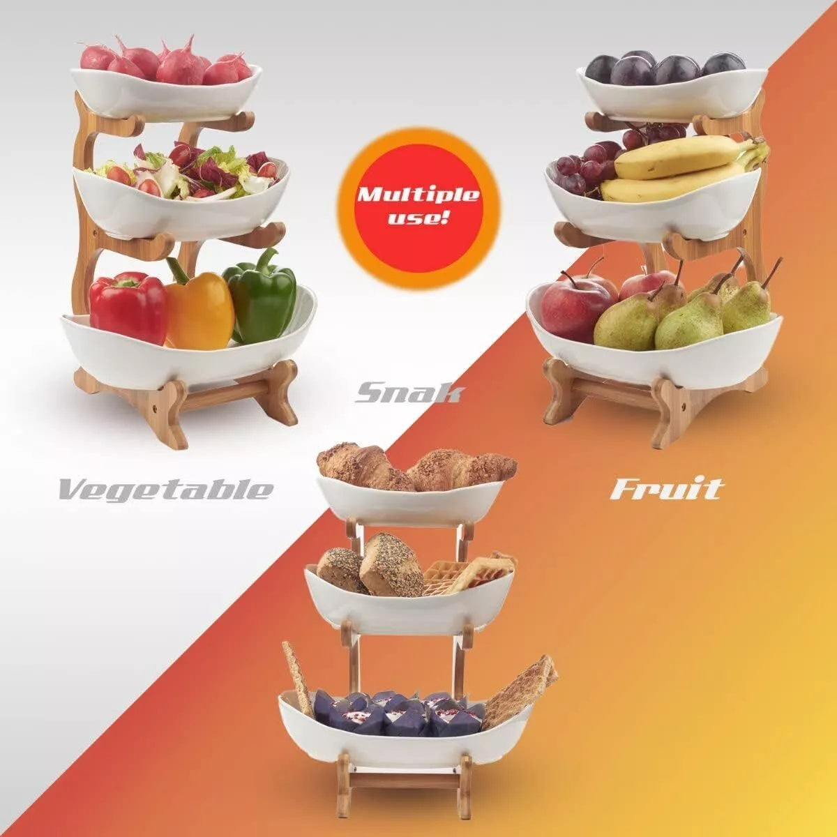 Multifunction Fruit Basket 3Tier Ceramic Bowl Countertop Fruit Bowl Vegetable