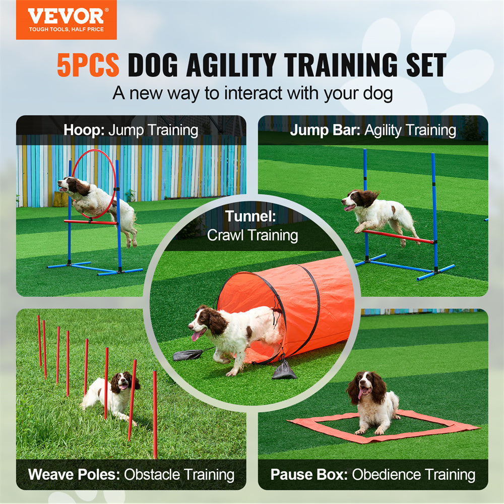 VEVOR Dog Agility Training Equipment 5 PCS Set Upgrade W Hurdles Extended Tunnel
