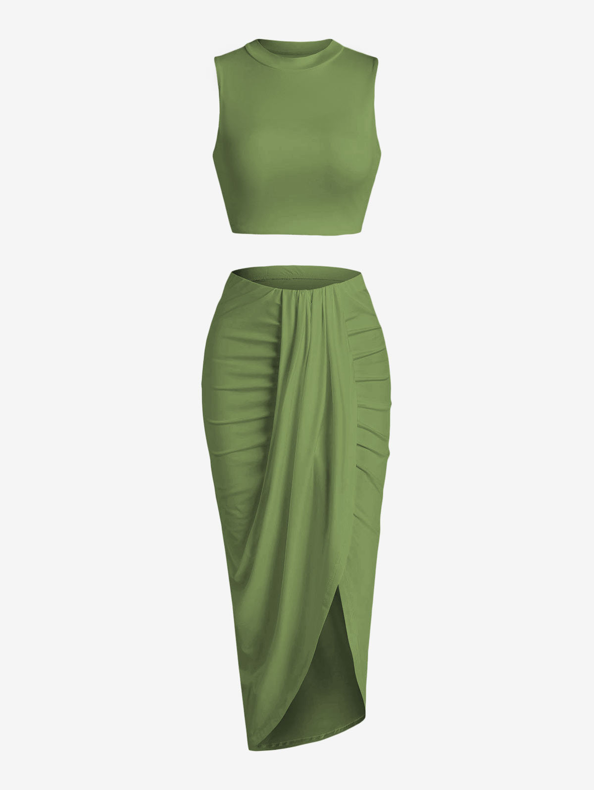 Women's Casual Sleeveless Summer Two Piece Outfits Crop Top And Side Split Draped Ruched Maxi Skirt Set Solid Suiting