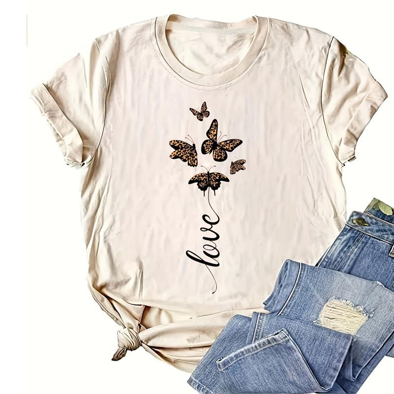 Women's Round Neck Short Sleeve Leopard Butterfly & 'LOVE' Print T-Shirt Casual Summer Top