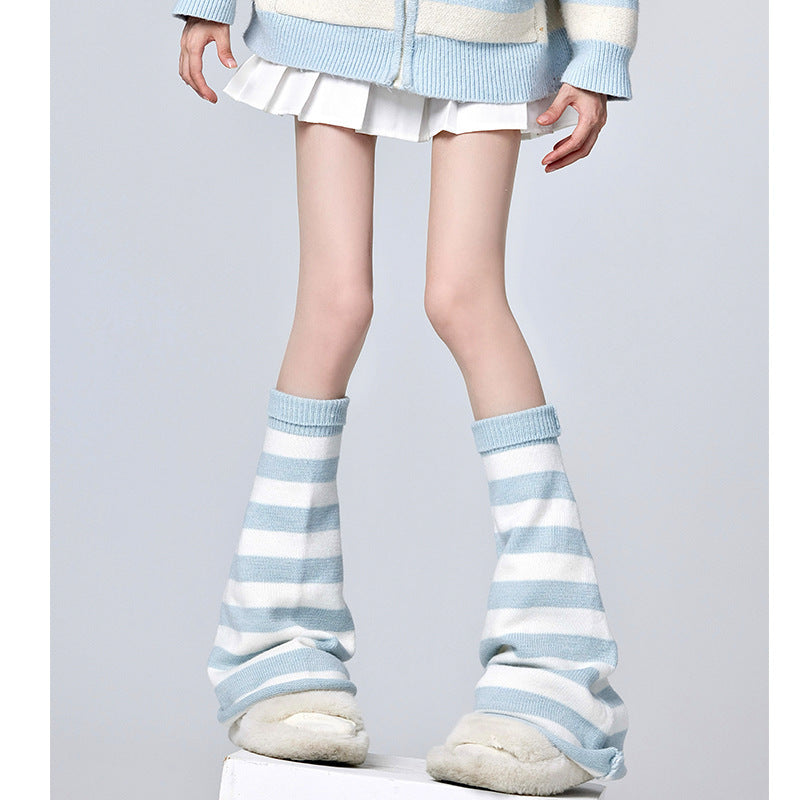 Hot Girl Horn Pile Style White And Blue Striped Leg Warmer Socks