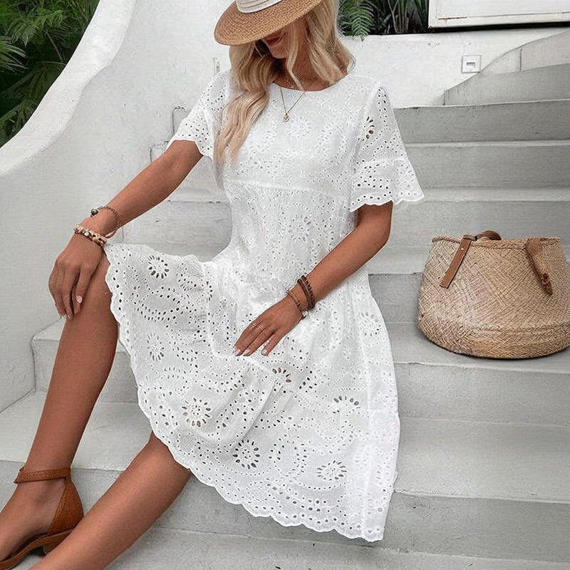 Women's Round Neck Embroidered Lace Short Sleeve A-Line Elegant Summer Vacation Dress