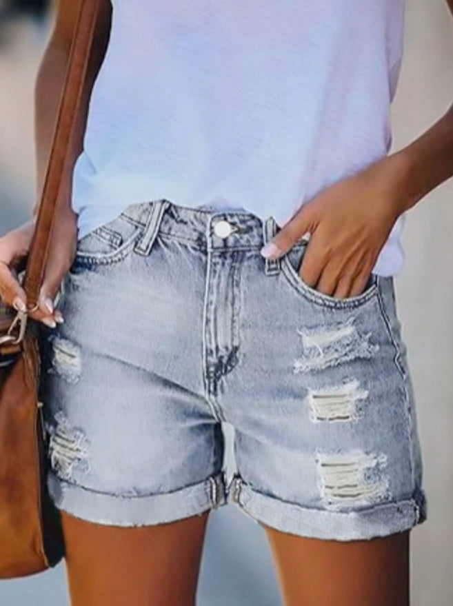 Womens Mid-High Rise Ripped Jean Shorts Distressed Stretchy Denim Shorts