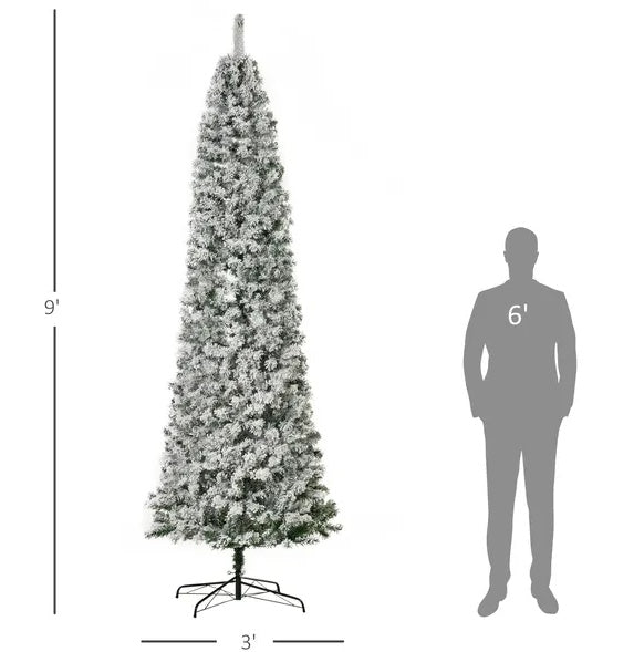9ft Pre-Lit Snow-Flocked Slim Douglas Fir Artificial Christmas Tree With Realistic Branches, 550 LED Lights And 988 Tips