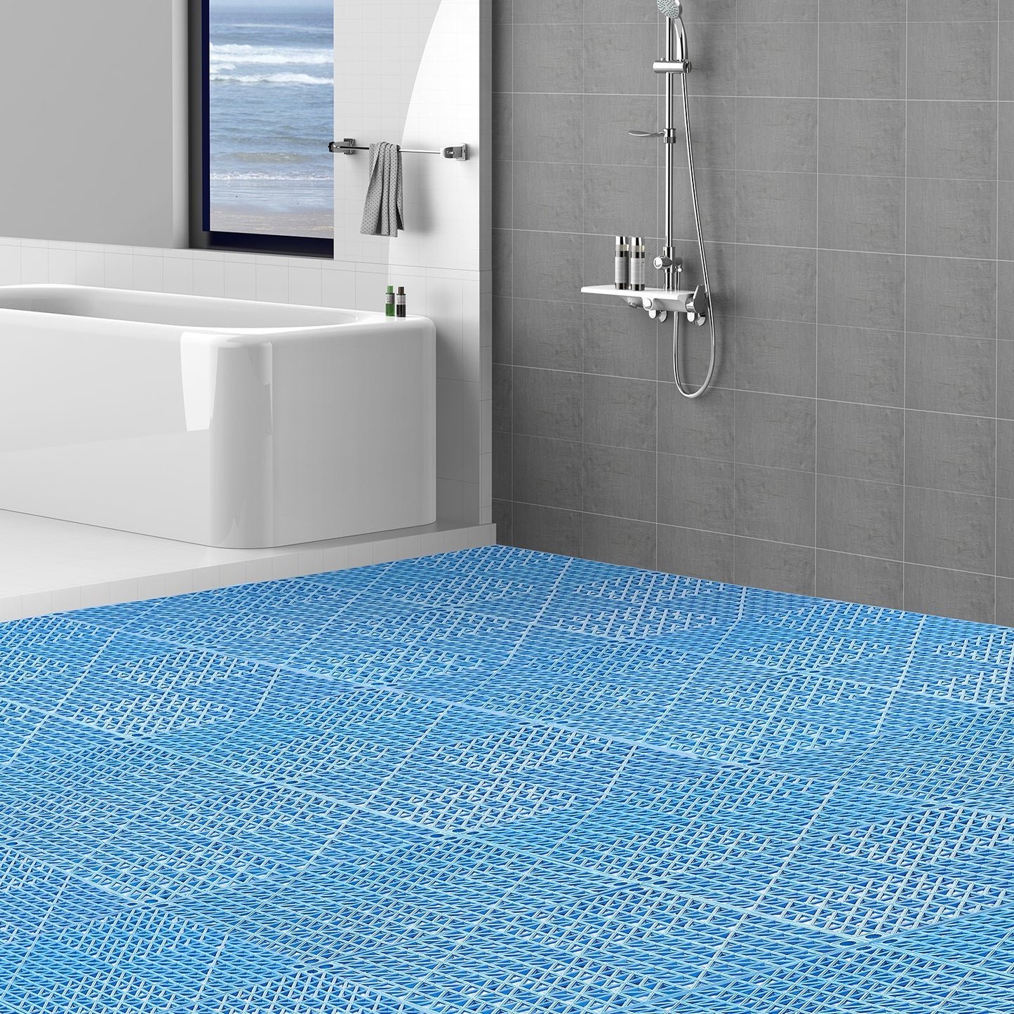 VEVOR Interlocking Tile 55PCS Blue, Drainage Tiles  Splicing, PVC Interlocking Drainage Floor Tiles, Non-Slip Drainage Holes For Restroom, Bathroom, Kitchen, Pool, Wet Areas, Blue