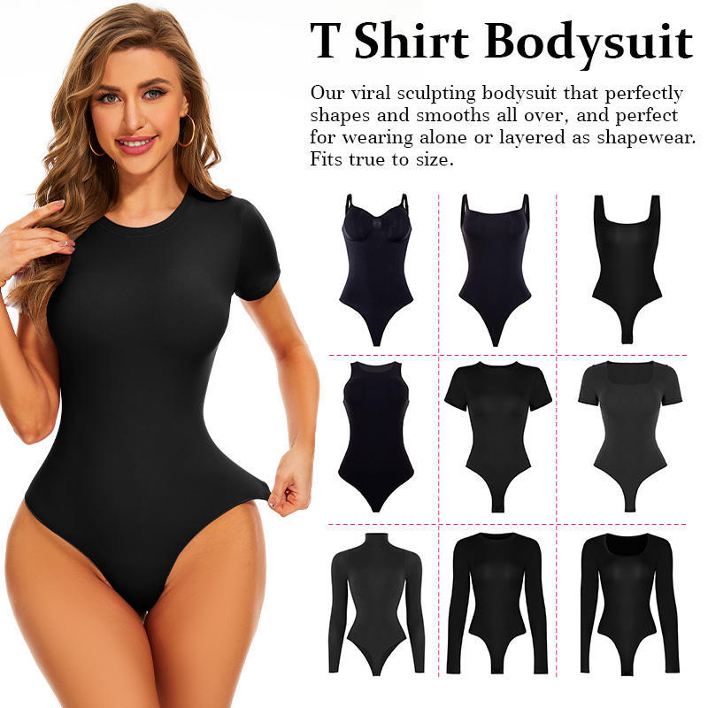 USA Warehouse Shipping Going Out T Shirt Tops Second-skin Feel Recycle Shapewear Crew Neck Short Sleeve Bodysuit For Women