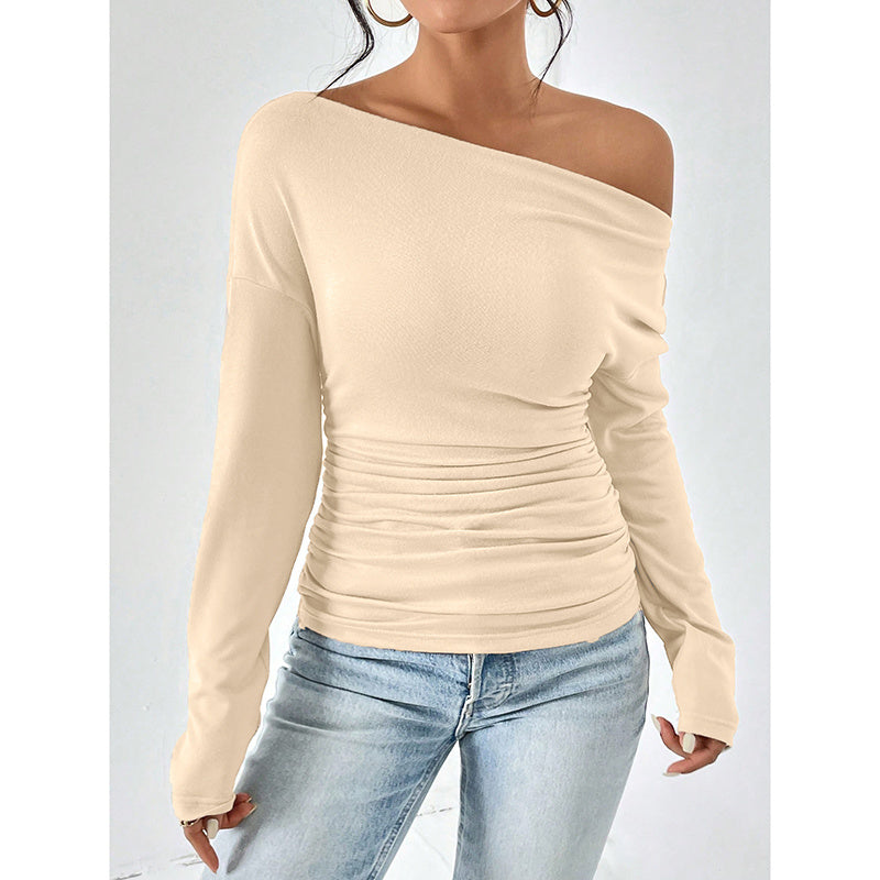 Women's Off The Shoulder Tops Long Sleeve T Shirts Going Out Tops Casual Trendy Ruched Slim Fitted Tees