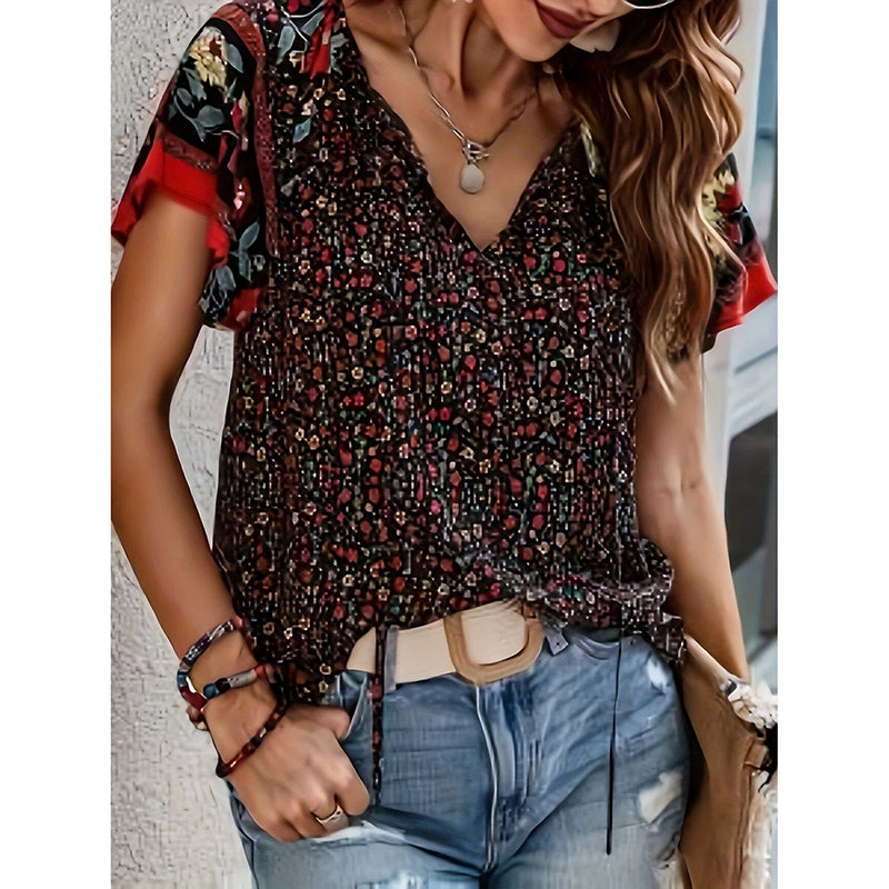 Women's Casual Short Sleeve Shirts Summer Boho Printed V Neck Drawstring Tunic Blouses