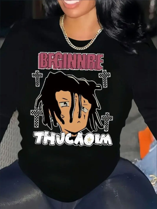 Women's Print Long-sleeved Hoodless Sweatshirt