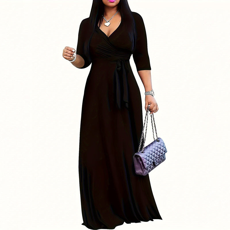 Women's V-Neck Elegant Half-Sleeve Belted Waist Print Maxi Dress For Spring&Summer Dress