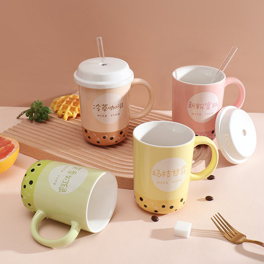 Fashion Personality Ceramic Mug With Lid And Straw Spoon