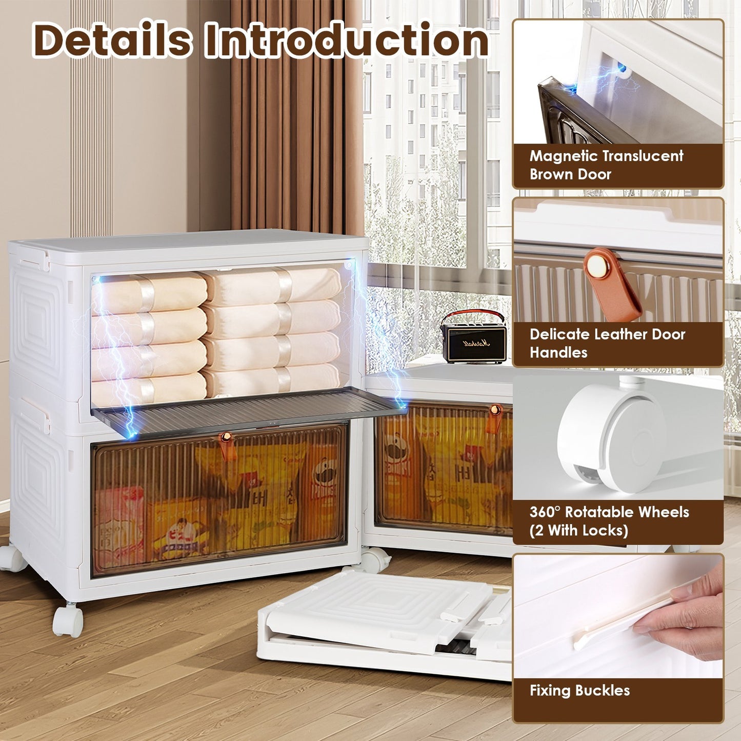 4Pc Foldable Storage Bins With Lid Front Magnetic Door Collapsible Stackable Closet Organizer Containers With 4Pcs 360 Degree Rotatable Wheels