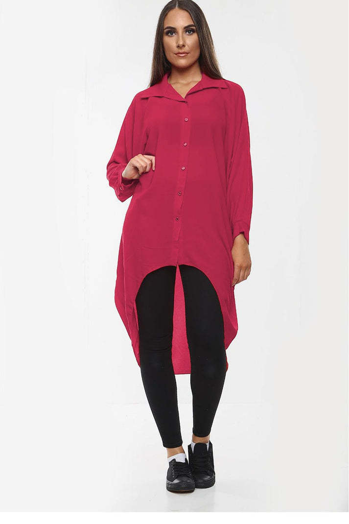High-Low Oversized Button Long Top Shirt Dress With Hem And Long Sleeves
