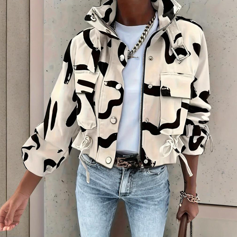 Women's Stand Collar Long Sleeve Jacket With Button & Zipper Closure - Two Large Pockets & Drawstring Hem Casual Short Jacket For Spring&Fall