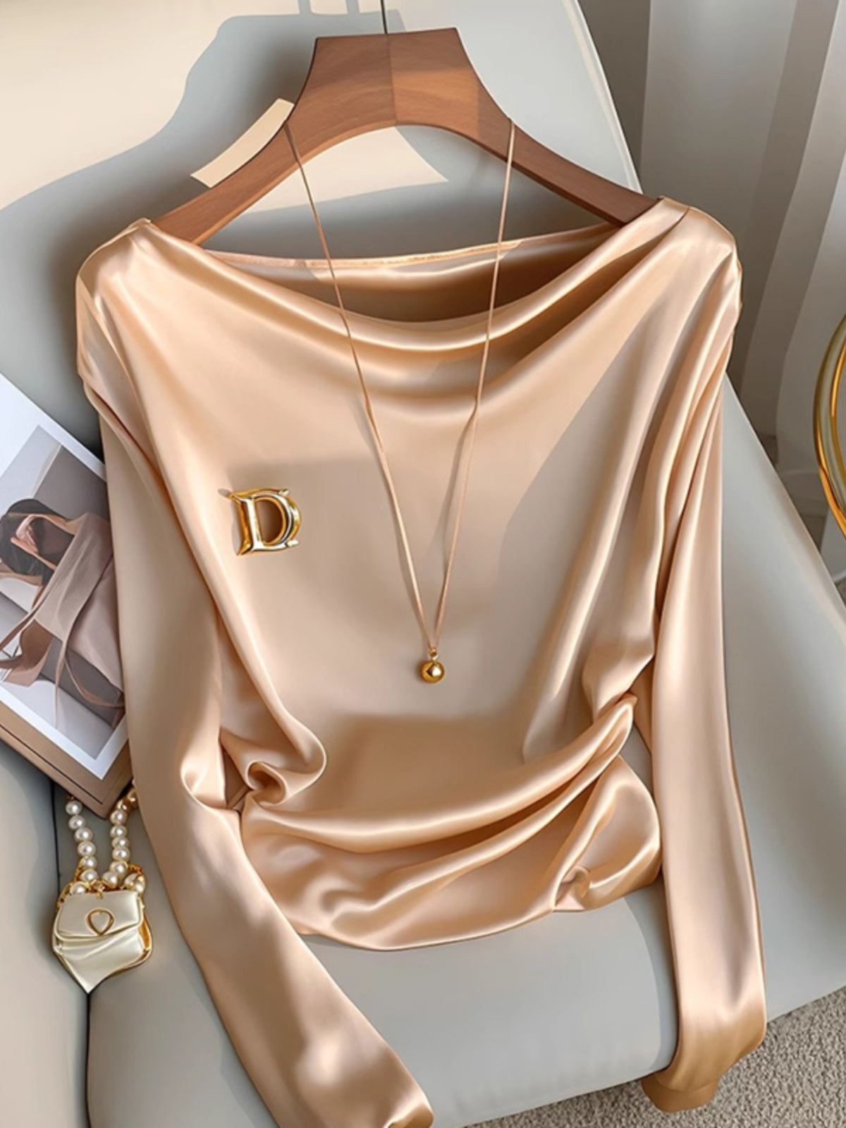Women's Champagne Long-sleeved Satin Shirt Swing Collar Inner Wear Blouse