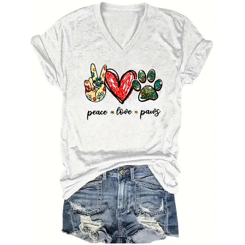 Women's V-Neck Short Sleeve Tee With Scissor Hands & Heart & Paw Prints - Summer Casual T-Shirt