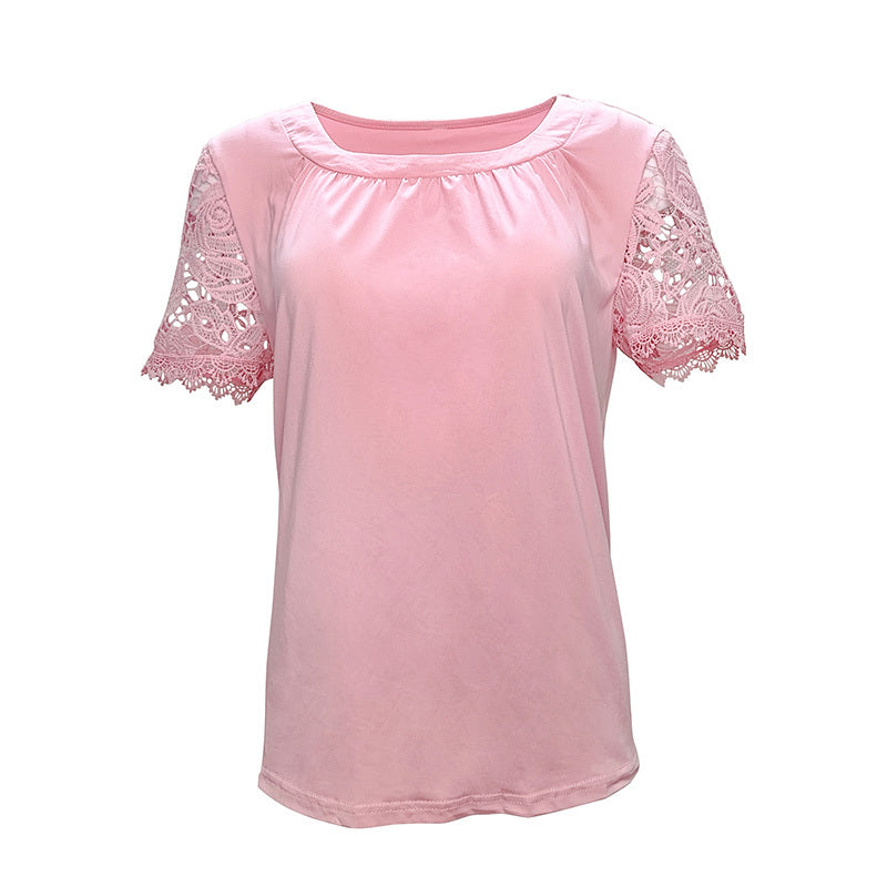 Womens Lace Short Sleeve Crew Neck T Shirts Summer Casual Tops Loose Fit Tees Blouses