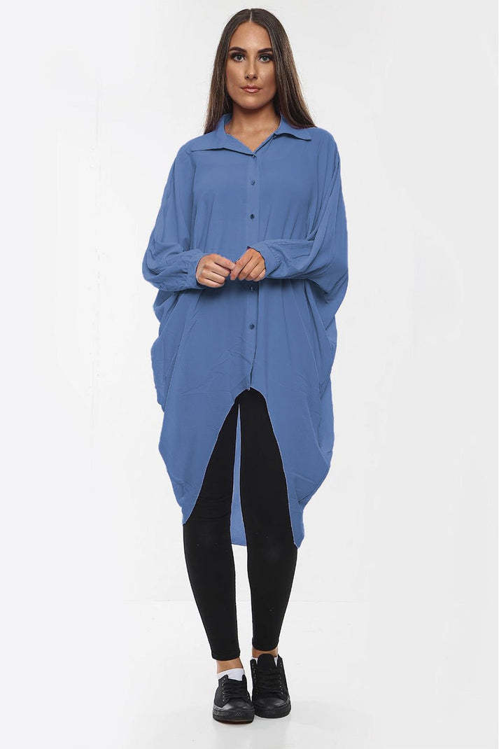 High-Low Oversized Button Long Top Shirt Dress With Hem And Long Sleeves