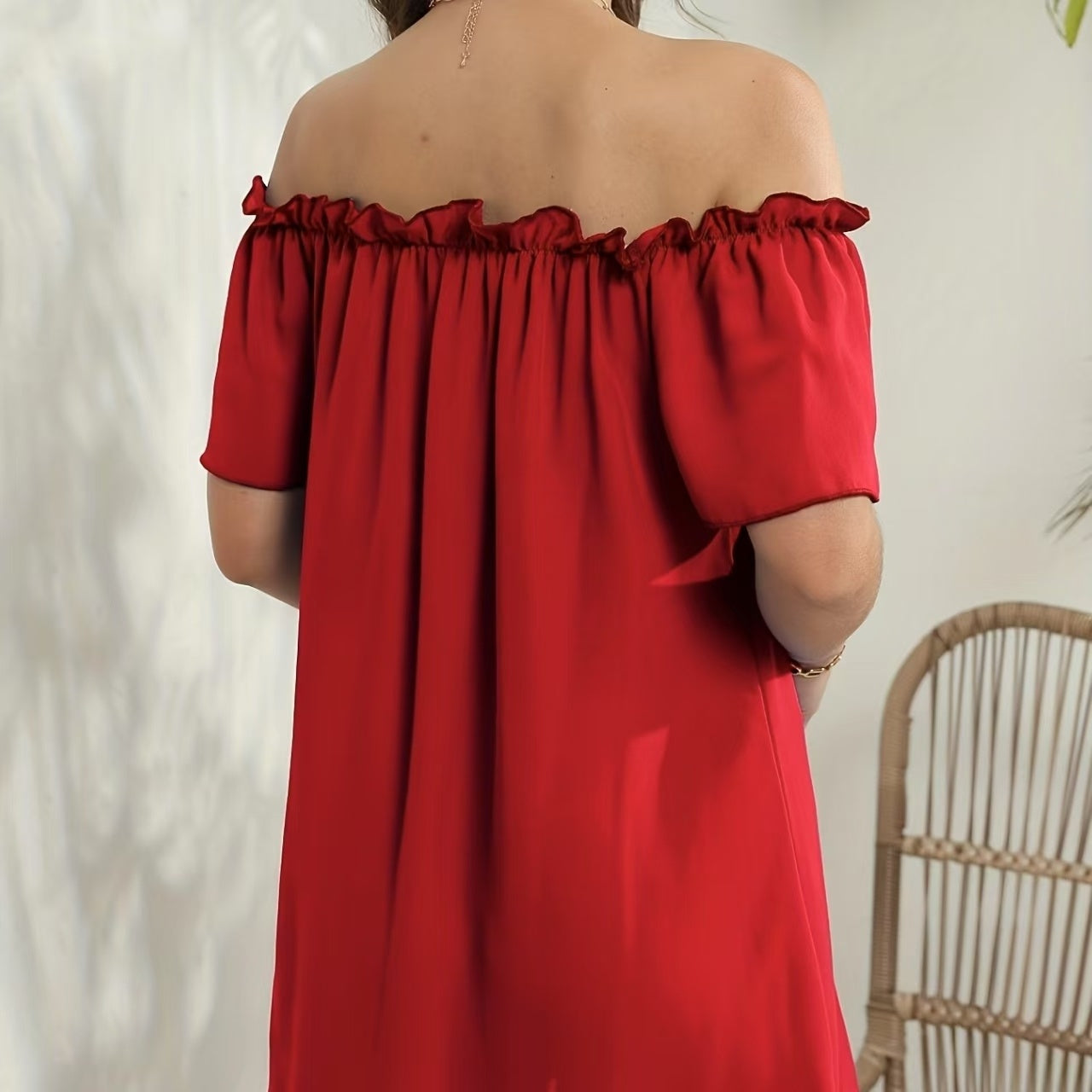 Ladies' Fashion Off Shoulder Ruffle Solid Color Decorative One Shoulder Casual Dress