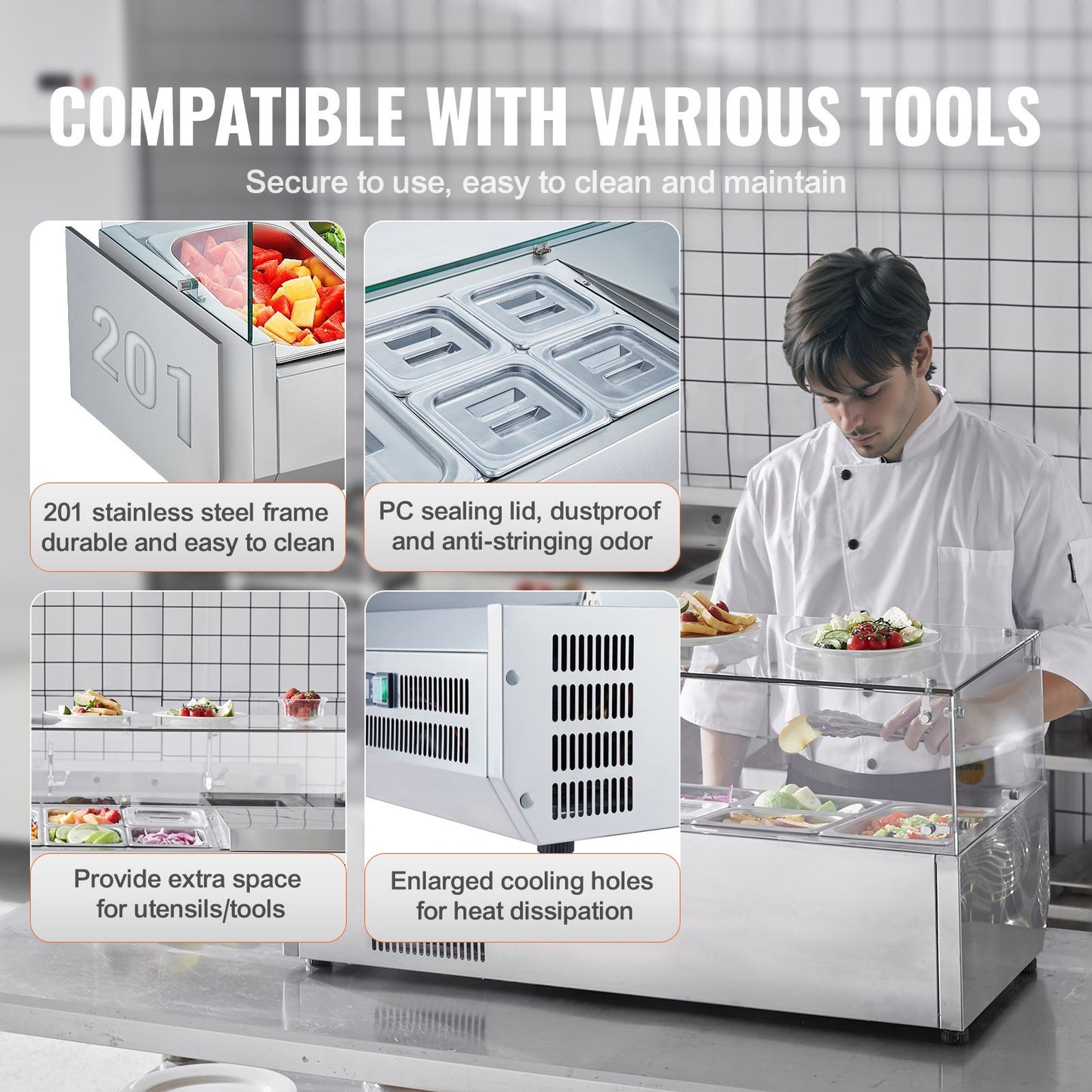 VEVOR Refrigerated Condiment Prep Station, 130 W Countertop Refrigerated Condiment Station,304 Stainless Body And PC Lid, Sandwich Prep Table With Glass Guard, ETL