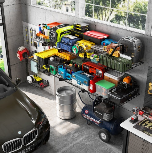 24X48 Inch Wall Mounted Garage Wall Mounted Shelf, Supermarket Storage Rack, Black, 2-piece Set