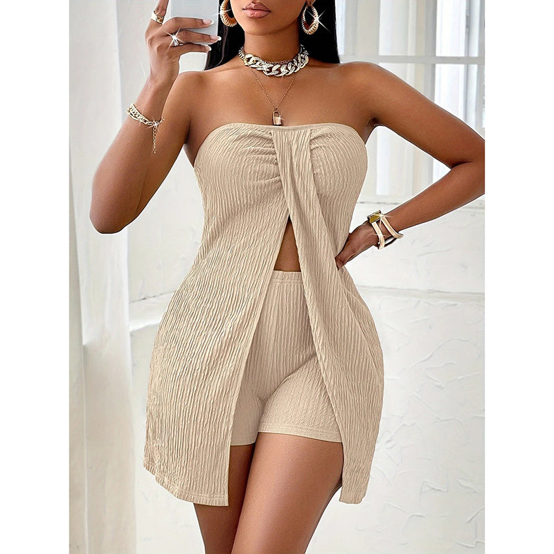Women's 2 Piece Outfits Elegant Textured Strapless Ruched High Slit Tube Top And High Waist Skinny Shorts Shorts Set