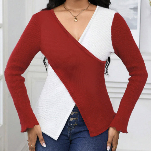Ladies' Contrasting Cross Hem V-neck Slim Fit Long Sleeved Autumnwinter T-shirt Top
