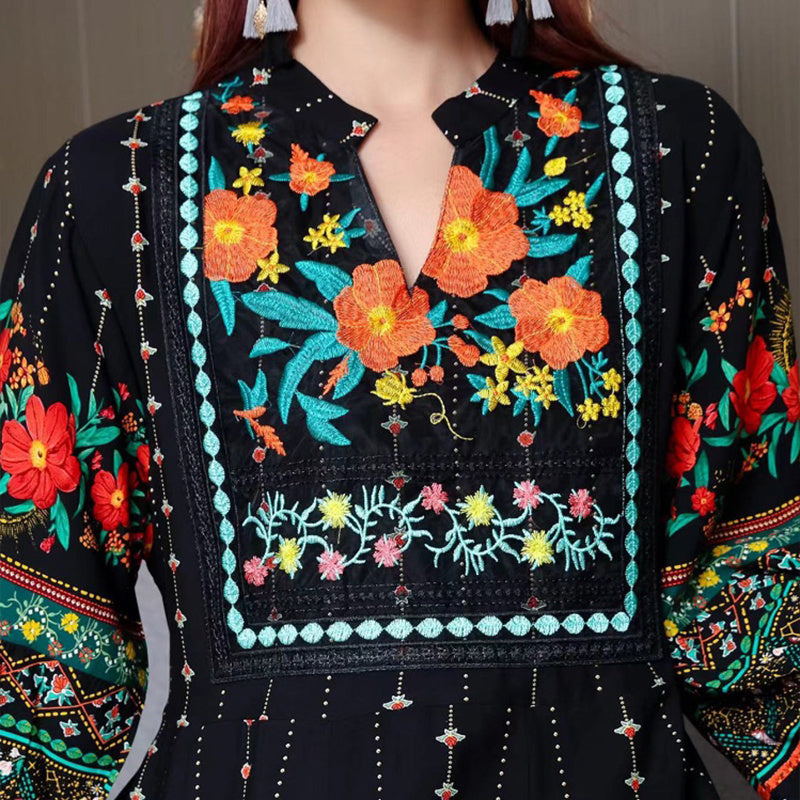 Women's Ethnic Style V-Neck Long Sleeve Dress - Embroidered Floral Pattern A-Line Maxi Dress With Printed Hem Middle Eastern Inspired Fashion