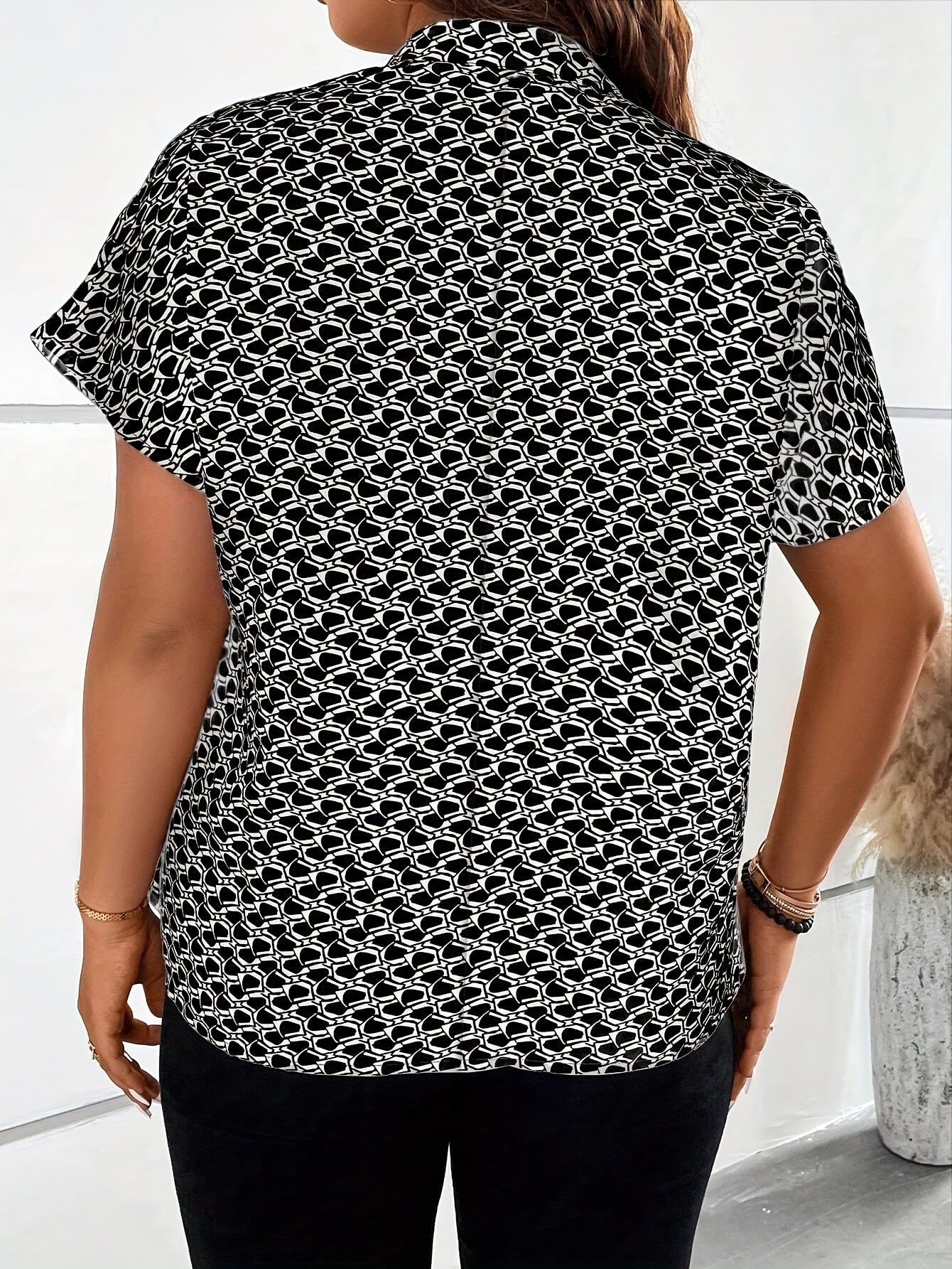 Women's Plus Size Irregular Diamond Print Blouse - Summer Casual Top