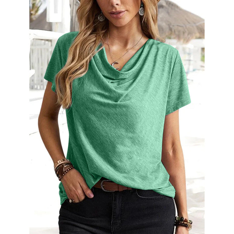 Womens Short Sleeve Cowl Neck Shirts Trendy 2025 Dressy Casual Outfits Ladies Top Blouses
