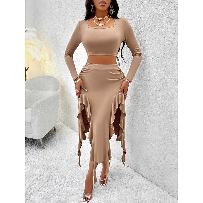 Women Summer 2 Piece Skirt Sets Long Sleeve Square Neck Crop Top Ruffle Trim Irregular Split Sexy Club Party Skirt Outfits