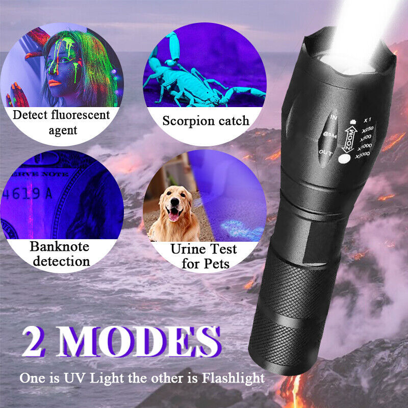 2Mode UV Ultra Violet Light & Flashlight Blacklight 395nm Inspection Torch Zoom