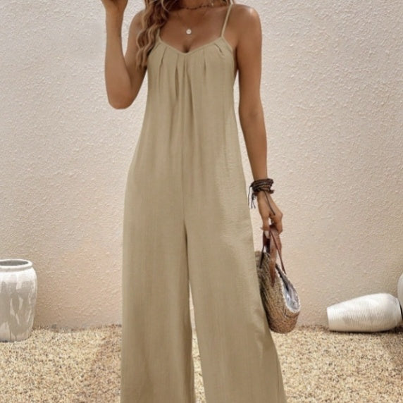 Women's V-neck Fashionable Casual Solid Color Suspender Jumpsuit