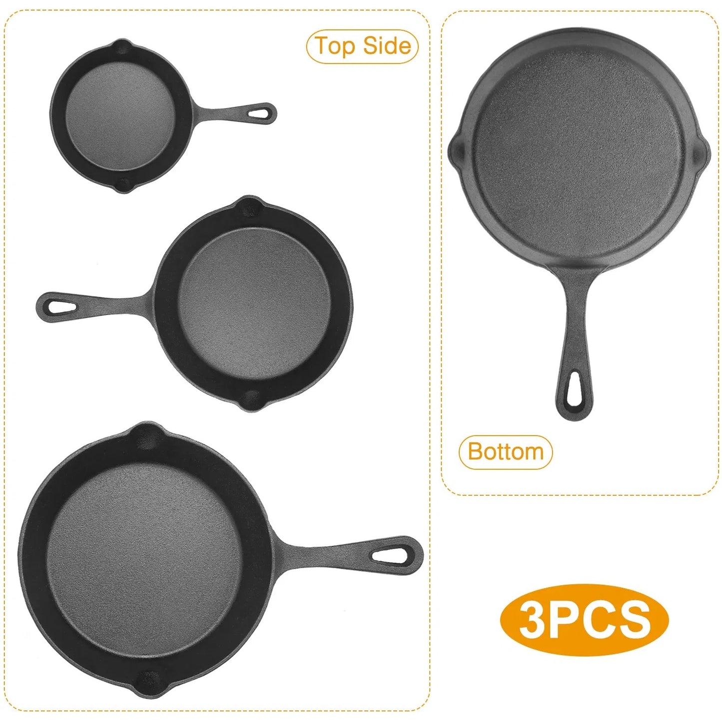 3Pcs Pre-Seasoned Cast Iron Skillet Set 6 8 10in Non-Stick Oven Safe Cookware Heat-Resistant Frying Pan