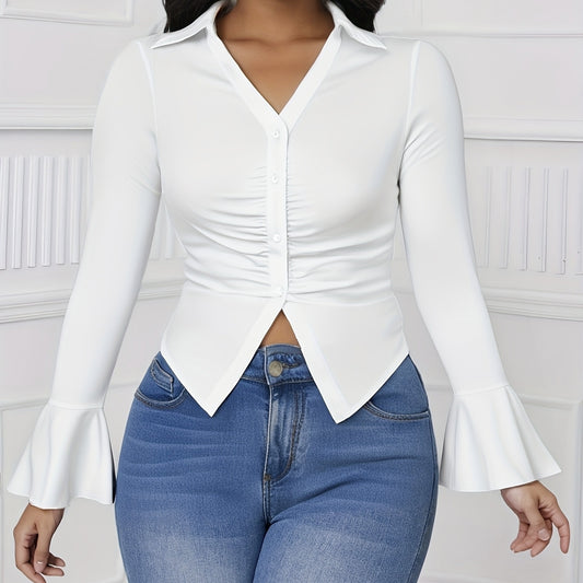 Ladies' Elegant Slimming, Cinched Belly, Flared Sleeves, Back Strap Design Shirt