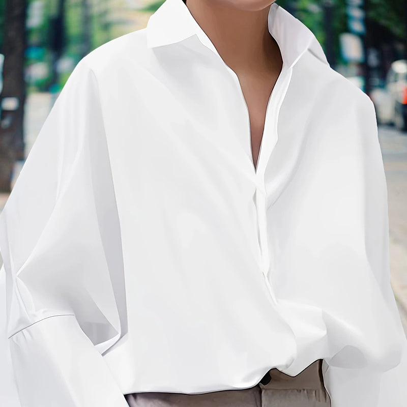 Women's Solid Color Fashion V-Neck Blouse - Puff Sleeve Button-Down Long-sleeved Shirts For Spring & Fall