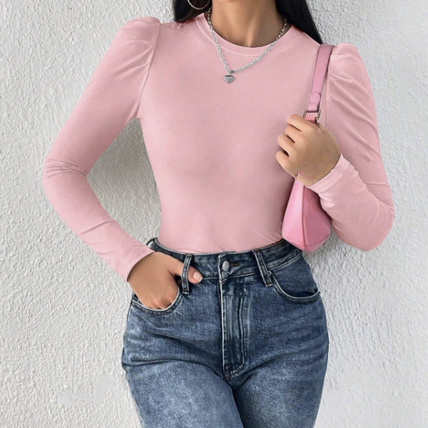 Women's Solid Color Round Neck Slim Fit Figure Enhancing Long Sleeved T-shirt Top