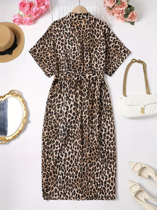 Women's Plus Size Leopard Print Dress - Summer Short Sleeve Button-Down Shirt Casual Loose Maxi Dress