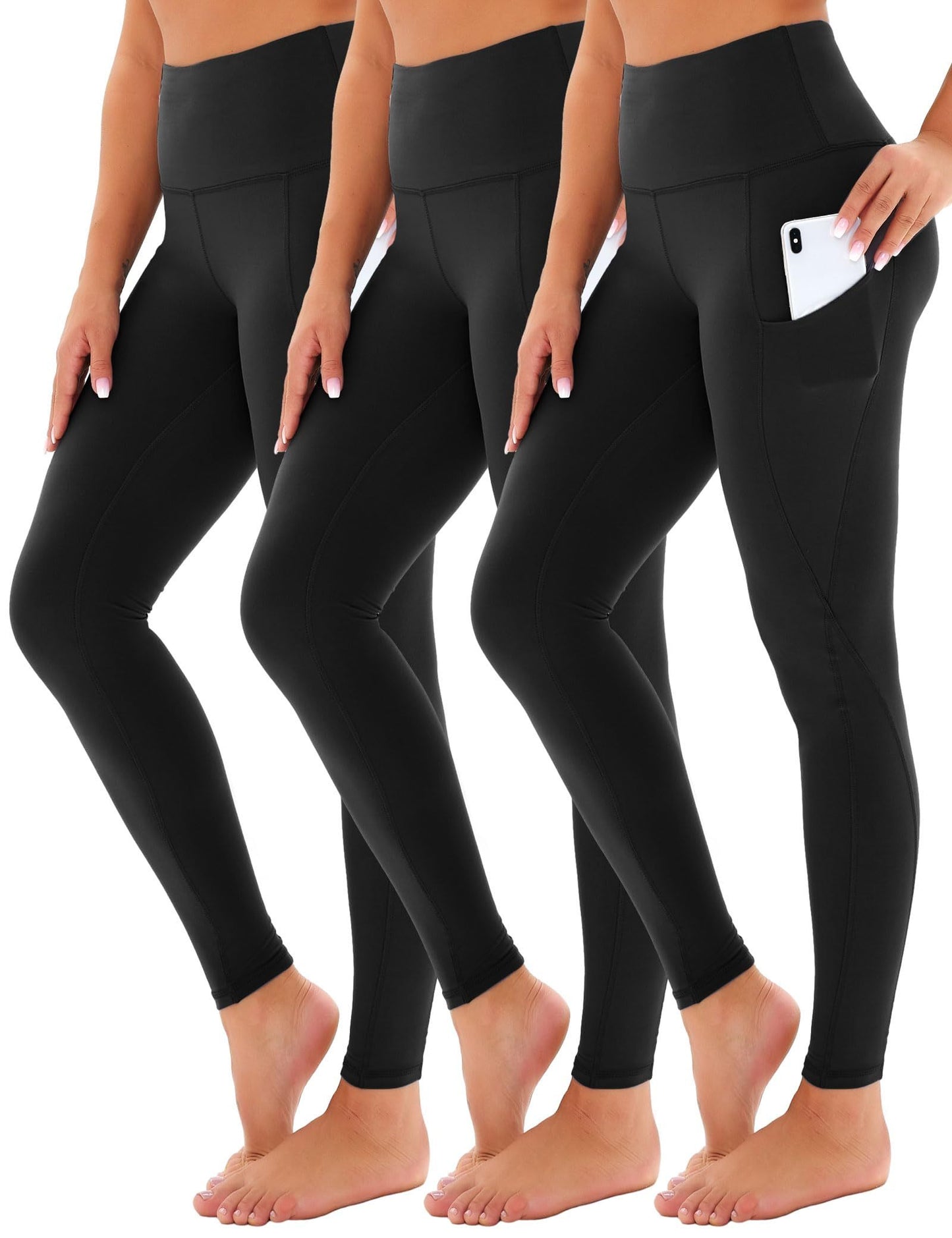 Yoga Pants - Cropped High-waisted Slash Pocket Three  Polyester Double Polish BlackX3