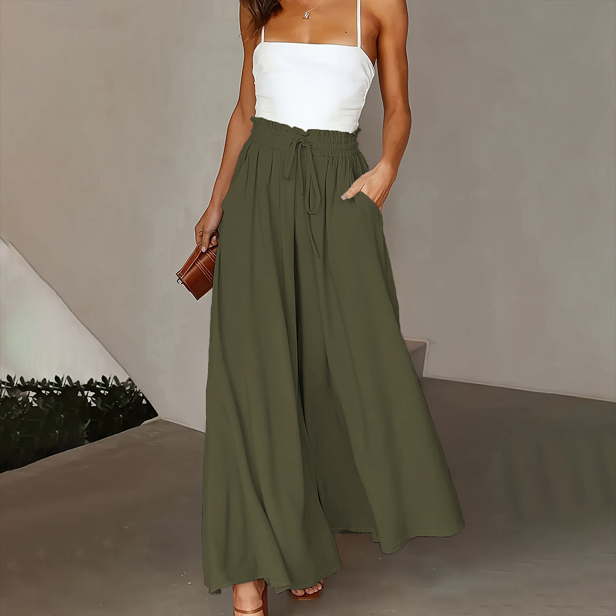 New Casual Elastic High Waist Solid Color Wide Leg Pants