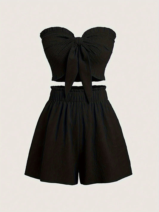 Ladies' Summer Elegant Resort Party Sleeveless Two-Piece Set Sexy Slim-Fit Stretch Wrap Top With Matching Shorts