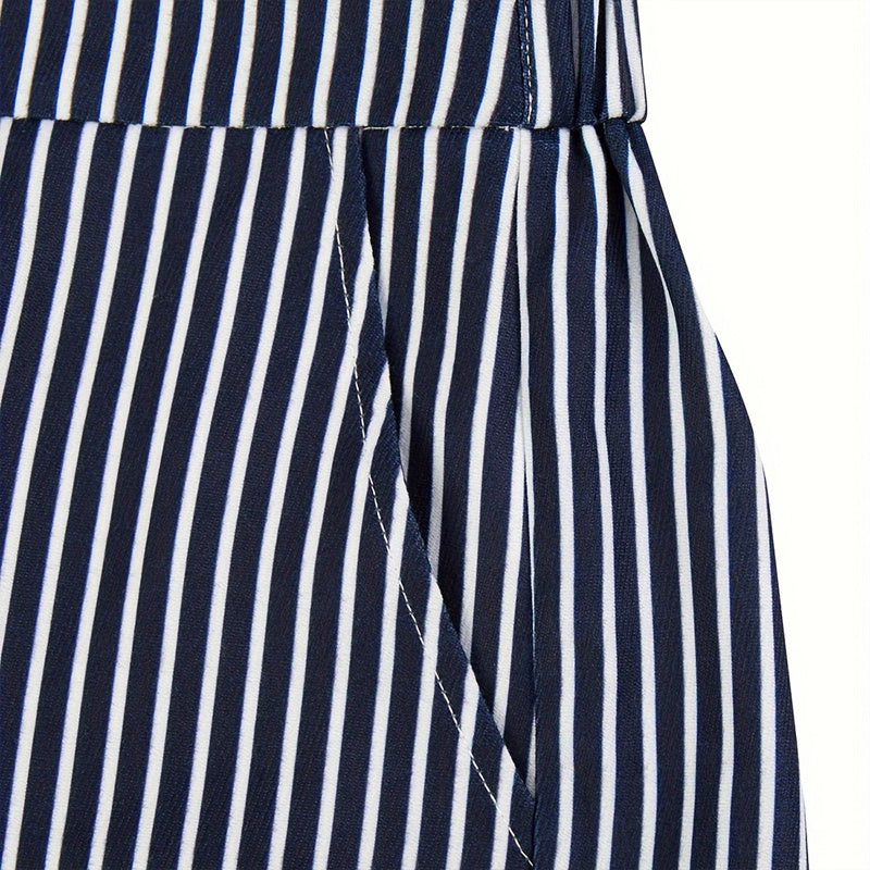 Women's Striped Print Casual Two-Piece Set Button-Up Long Sleeve Jacket & Shorts With Slant Pockets, Summer Fashion Outfit