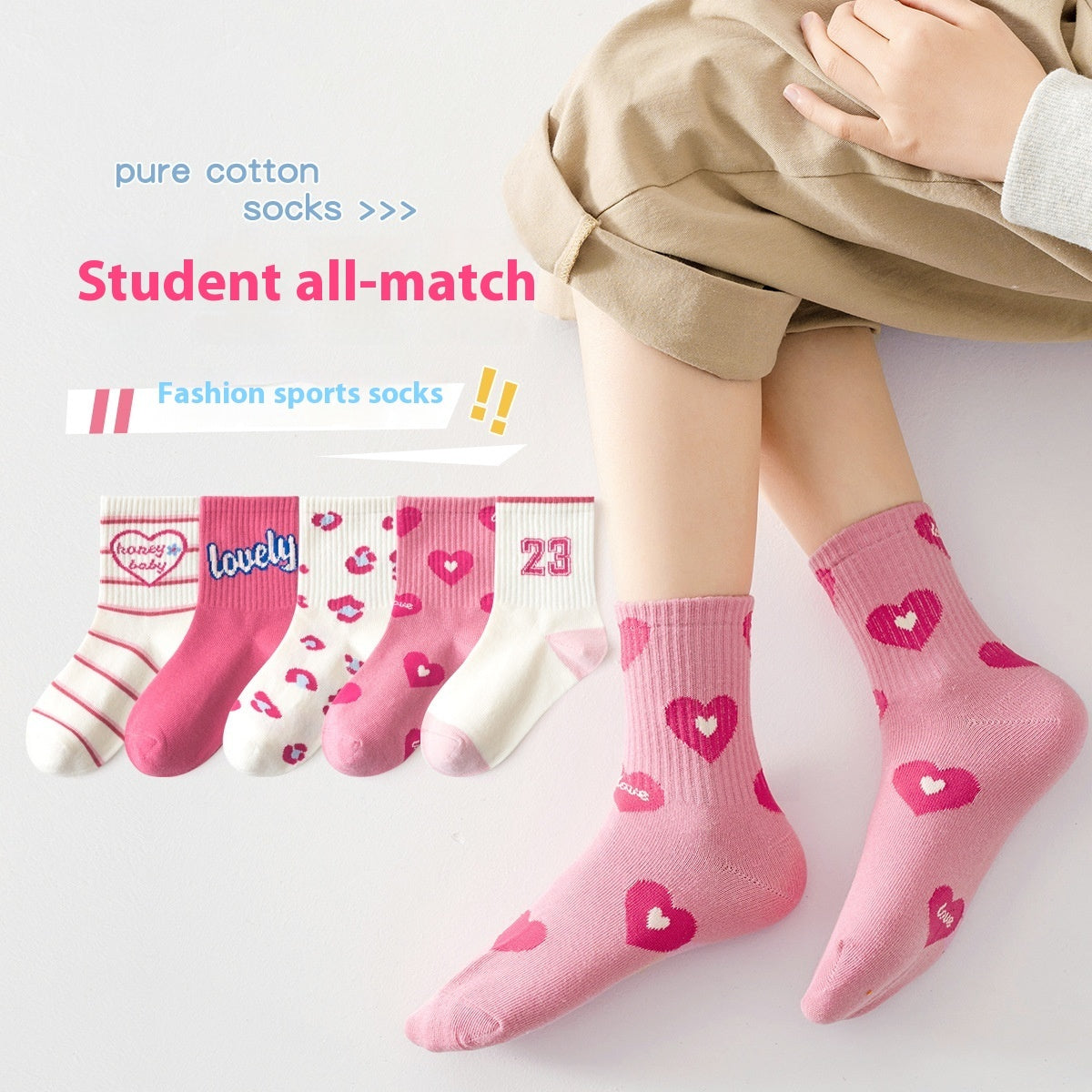 Girls' Pure Cotton Deodorant Mid-calf Socks