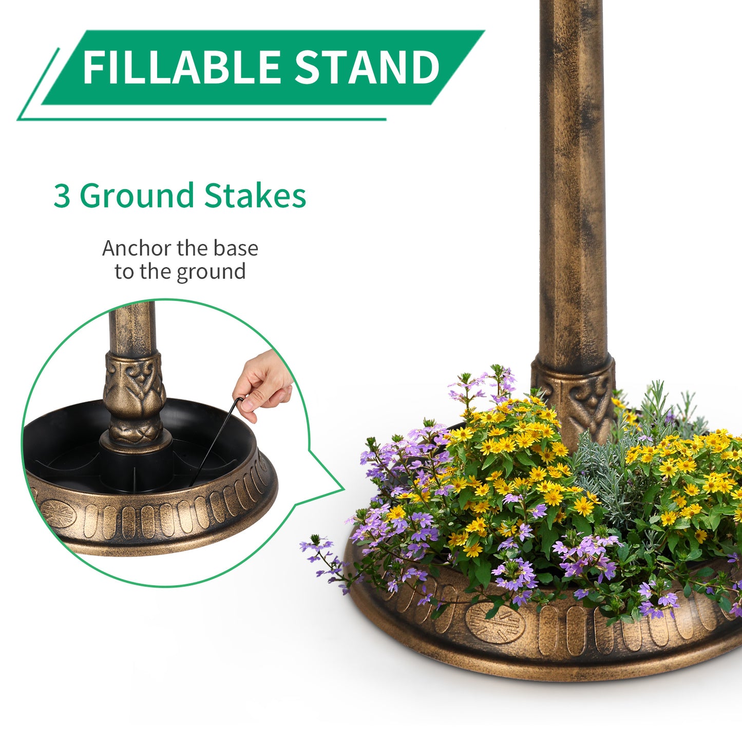 Bronze, With Solar Light, Bird Bath 51x51x106cm Plastic Round