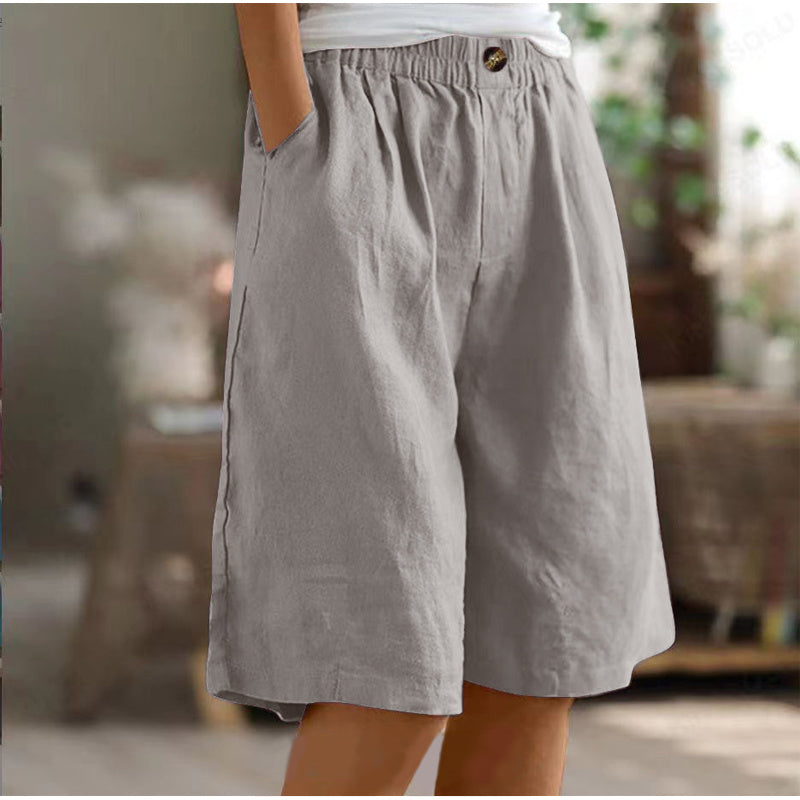 Women's Casual High Waist Loose Fit Solid Color Shorts - Button & Elastic Waist With Pockets, Comfortable Summer Shorts