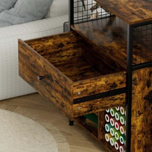 Craft Organization And Storage Cabinet Compatible With Cricut Machines, Crafting Cabinet With Drawer & 25 Vinyl Roll Holder, Craft Table Desk Workstation For Craft Room Home.Rustic Brown.